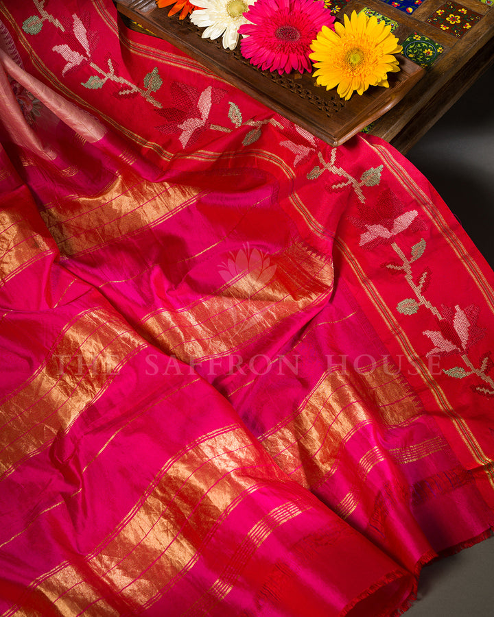 Peach Silk Saree with Zari Check Weave & Hand-Embroidered Rose Vine Border