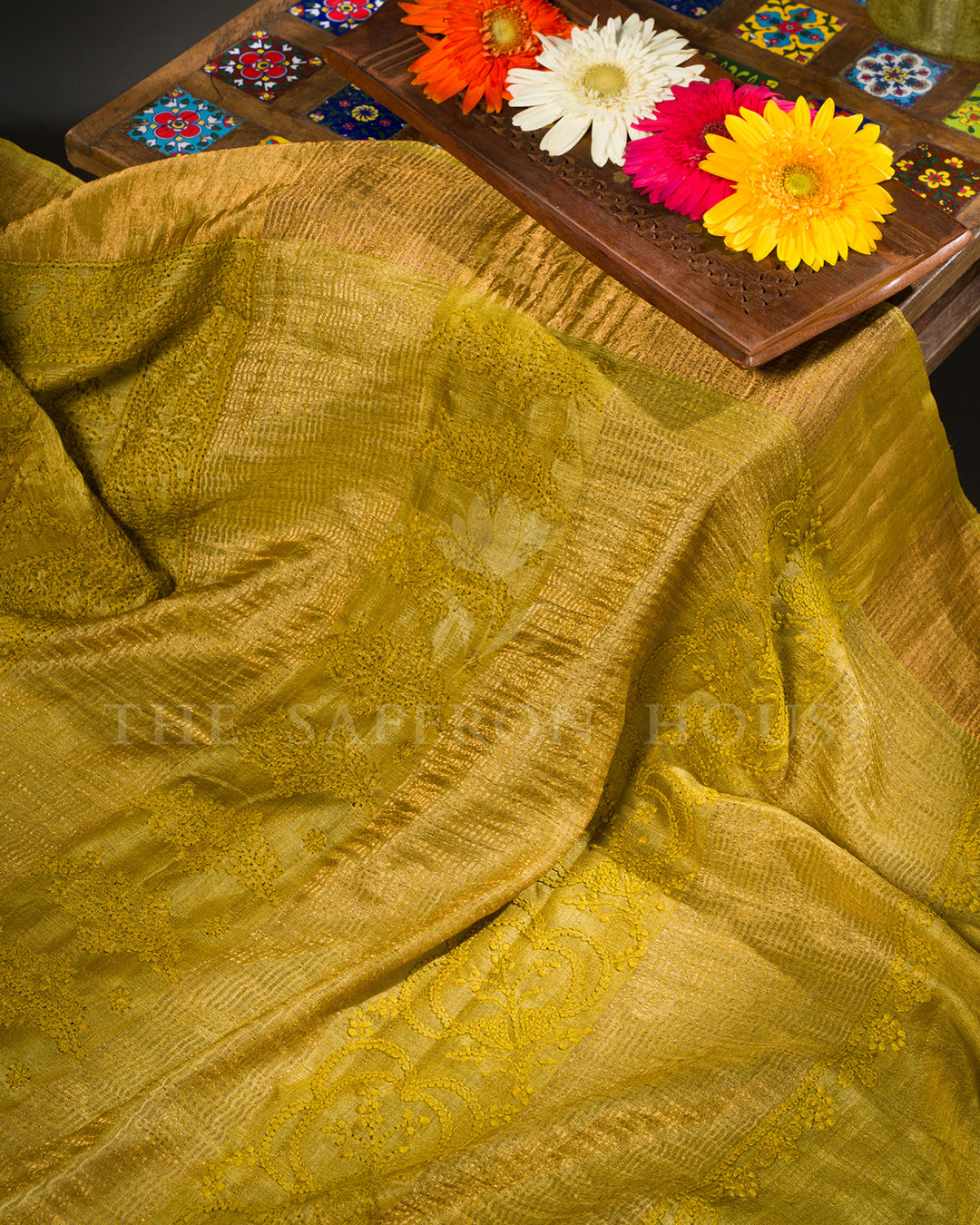 Mustard Olive Tussar Silk Saree with Tone-on-Tone Chikankari Embroidery & Tasseled Edge