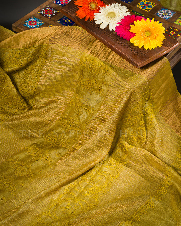 Mustard Olive Tussar Silk Saree with Tone-on-Tone Chikankari Embroidery & Tasseled Edge