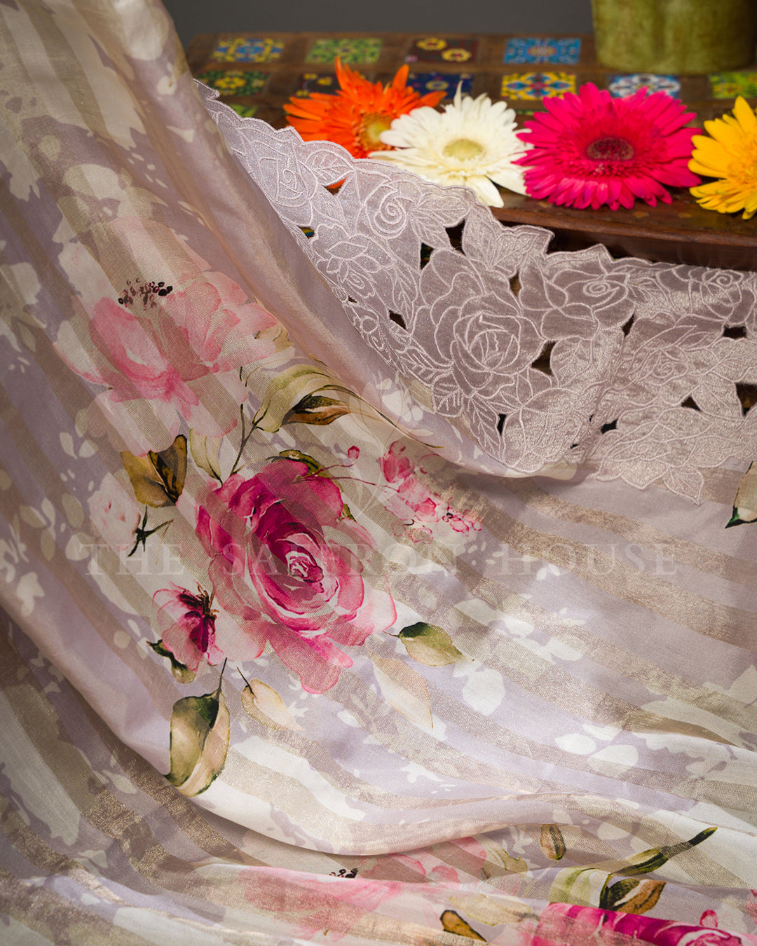 Lavender Organza Saree with Rose Floral Digital Print & Cutwork Scalloped Lace Border