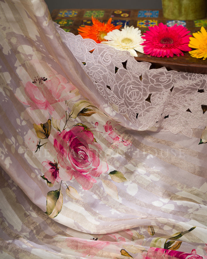 Lavender Organza Saree with Rose Floral Digital Print & Cutwork Scalloped Lace Border