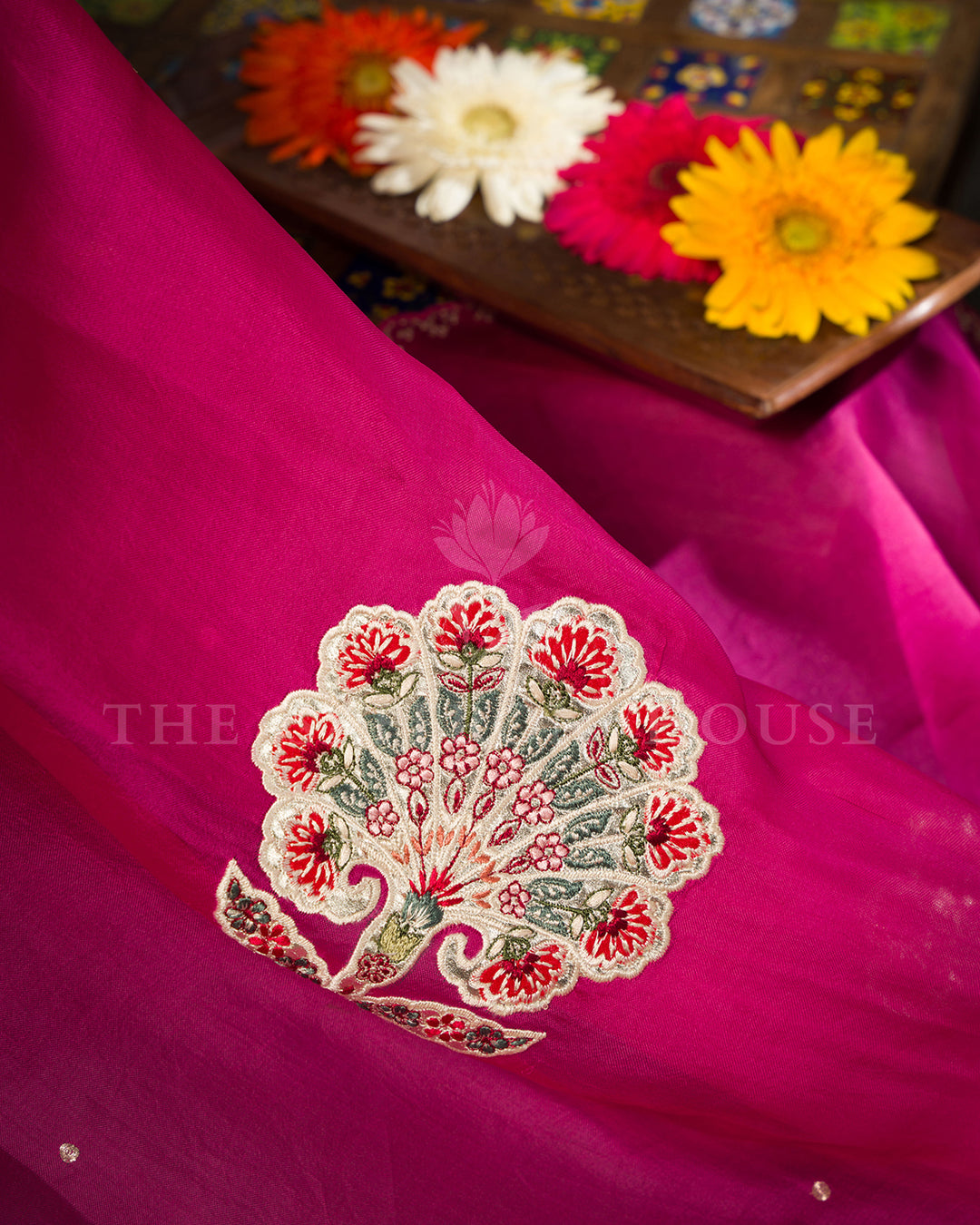Magenta Pink Organza Saree with Hand Embroidered Floral Fan Motifs & Scalloped Border