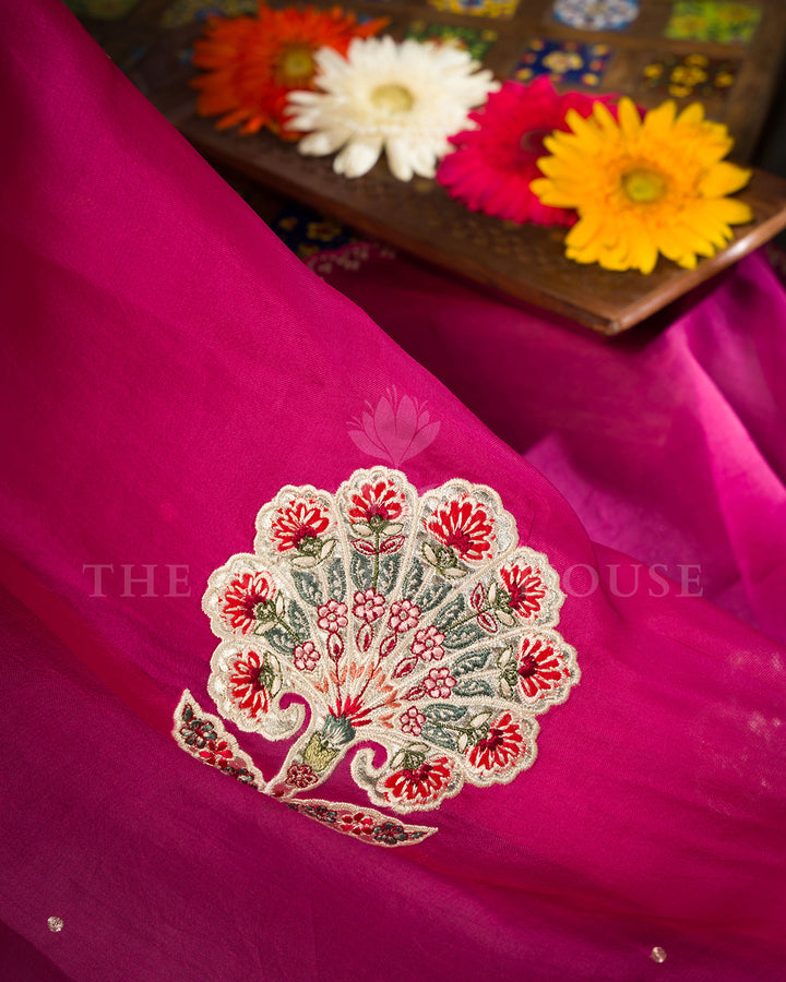 Magenta Pink Organza Saree with Hand Embroidered Floral Fan Motifs & Scalloped Border