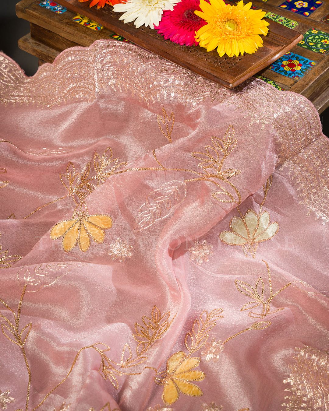 Blush Pink Tissue Organza Saree with Gold Sequin Floral Vine Embroidery & Scalloped Border