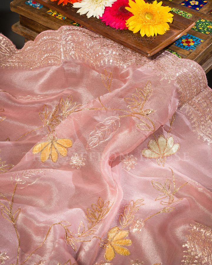 Blush Pink Tissue Organza Saree with Gold Sequin Floral Vine Embroidery & Scalloped Border