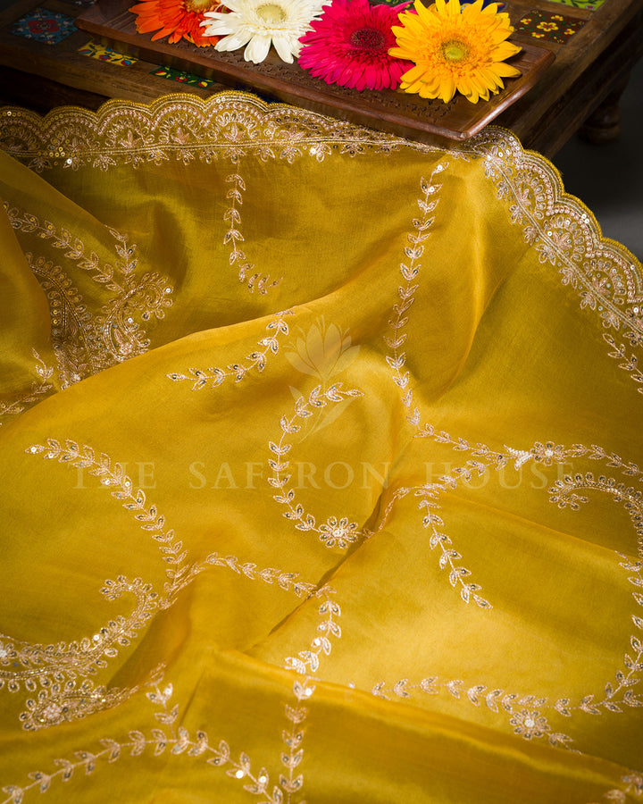 Mustard Yellow Organza Saree with Silver Sequin Paisley Vine Embroidery & Scalloped Border