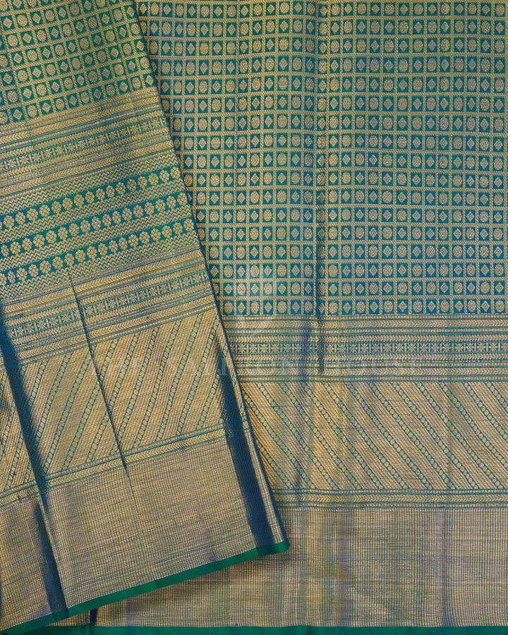 Handloom Kanjivaram Silk Saree is Peacock Blue - TSH250121