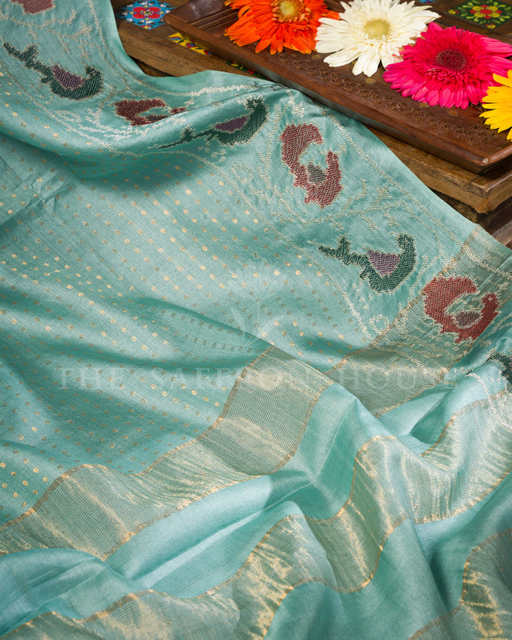 Sea Green Banarasi Silk Saree with Meenakari Peacock Embroidered Border