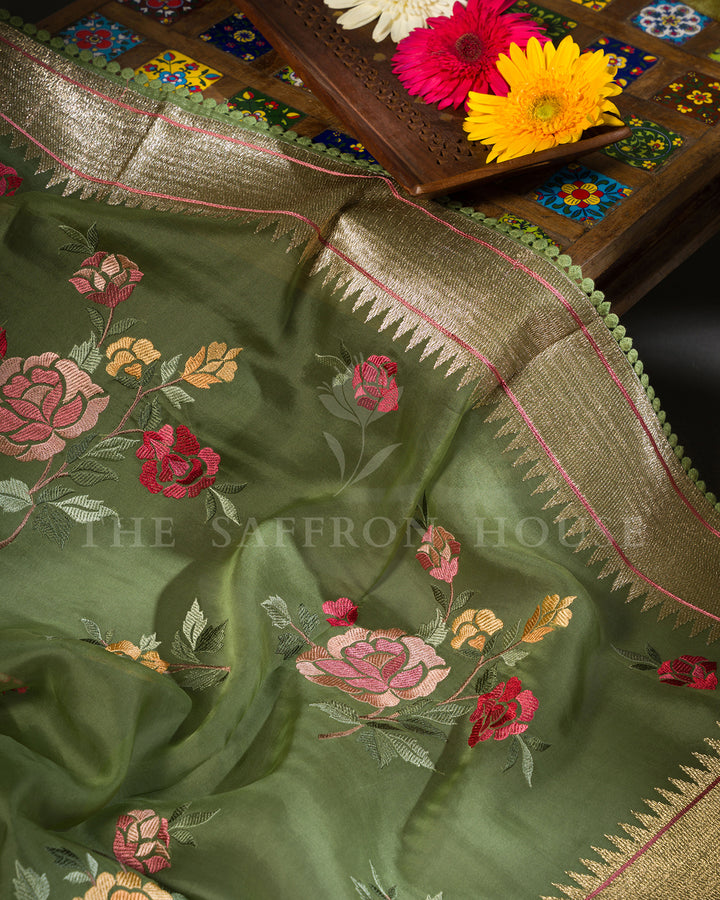 Moss Green Organza Saree with Multicolor Rose Embroidery & Temple Border