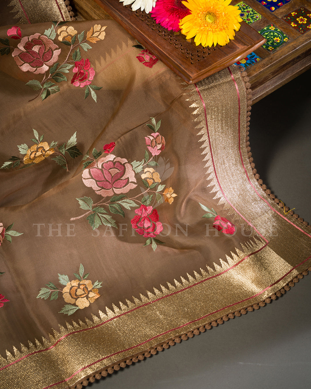 Brown Organza Saree with Multicolor Rose Embroidery & Temple Border