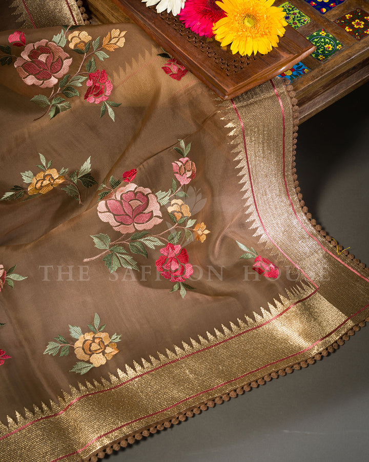 Brown Organza Saree with Multicolor Rose Embroidery & Temple Border