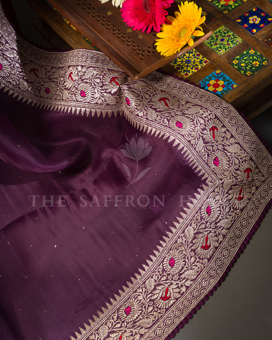 Purple Organza Saree with Zari Floral Border & Mukaish Work