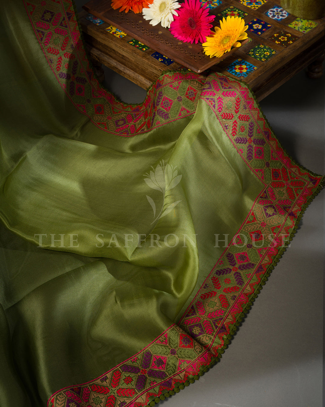 Olive Green Tussar Silk Saree with Geometric Phulkari Border