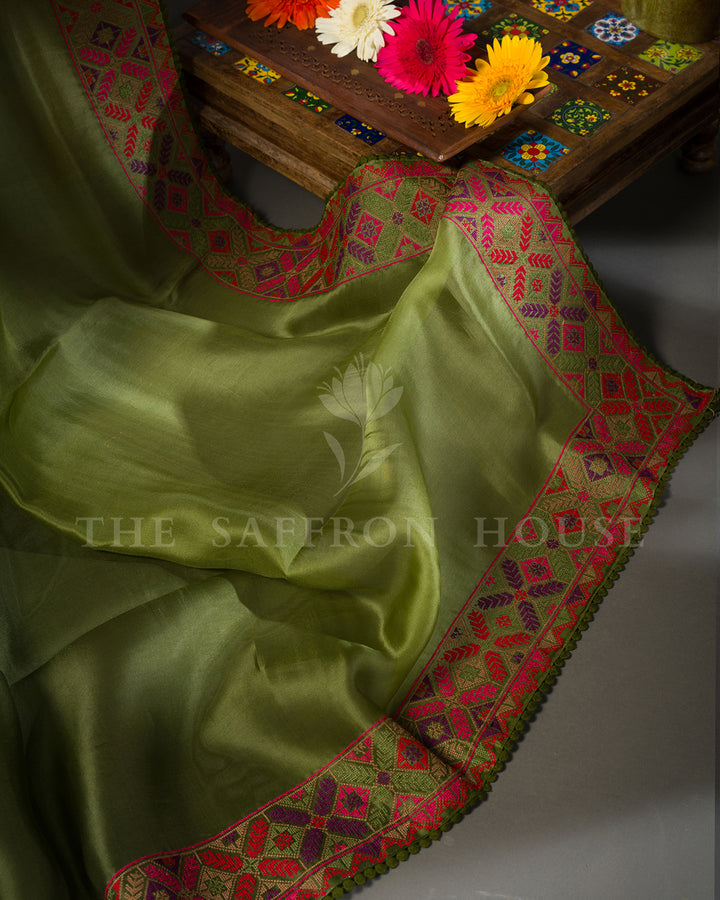 Olive Green Tussar Silk Saree with Geometric Phulkari Border
