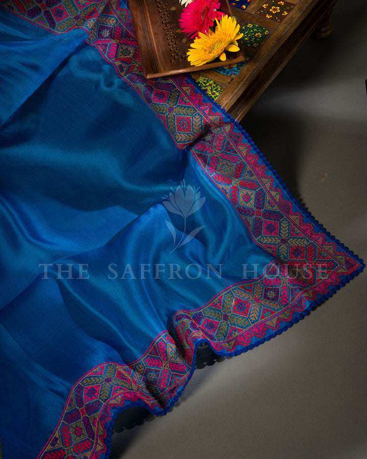 Royal Blue Tussar Silk Saree with Geometric Phulkari Border