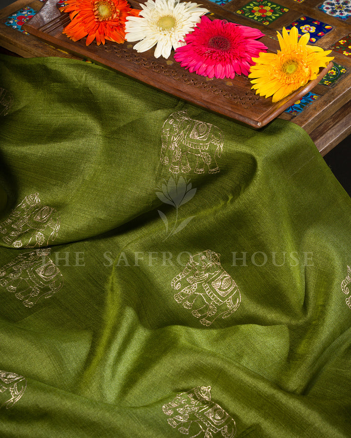Green Tussar Silk Saree with Gold Elephant Motifs & Kalamkari Print Blouse