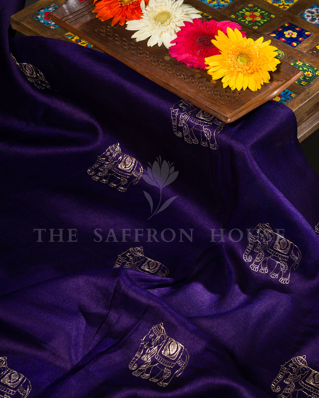 Purple Tussar Silk Saree with Silver Elephant Motifs & Hand-Painted Pichwai Blouse