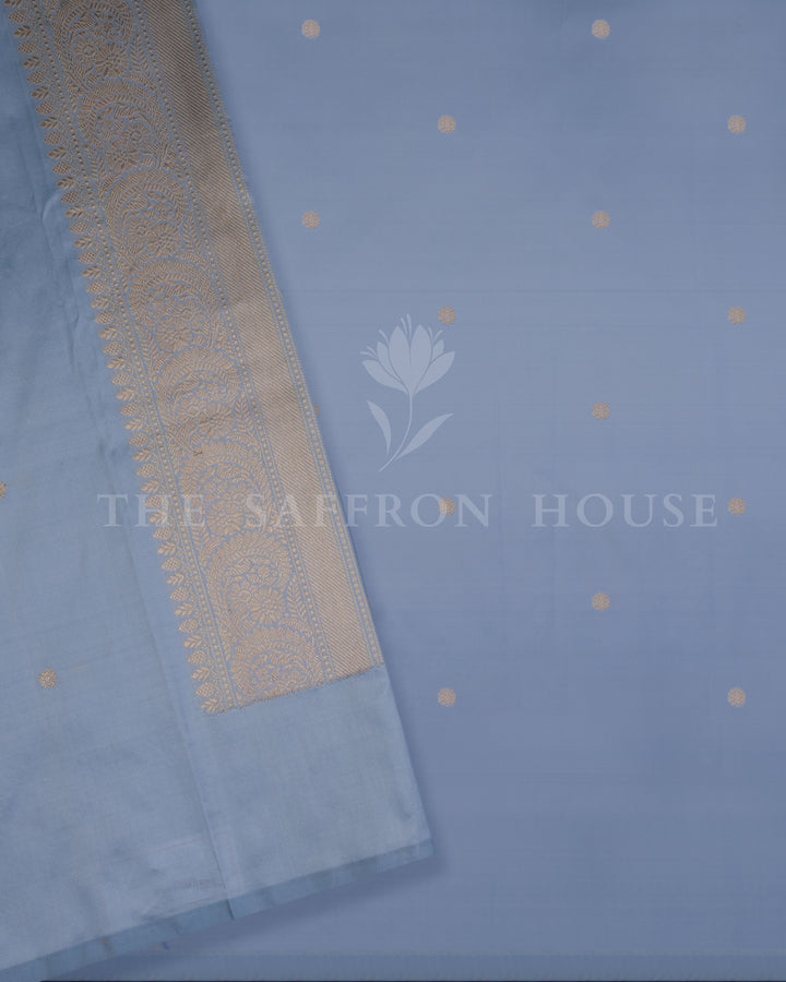 Sky Blue Katan Kadwa Banarasi Saree with Rosebud Motifs and Grand Zari Jaal