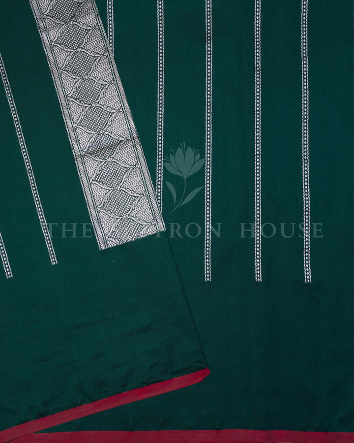 Bottle Green Katan Banarasi Saree with Silver Zari and Meenakari Palm Motifs