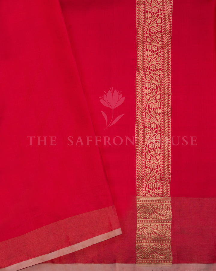 Ruby Red Katan Kadwa Banarasi Saree with Gold Zari Checkered Buttas