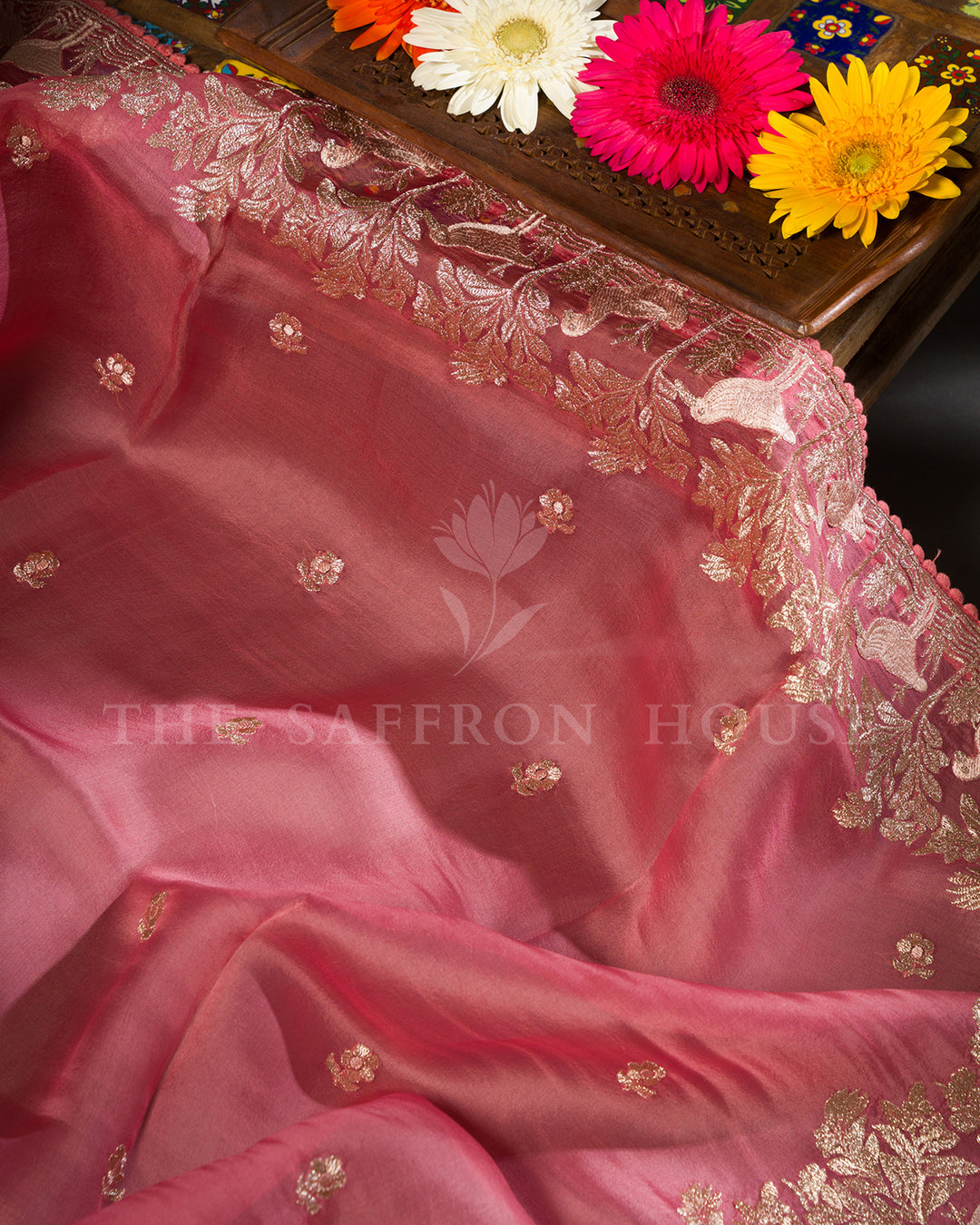 Coral Pink Tussar Silk Saree with Woodland Bird & Floral Zari Border