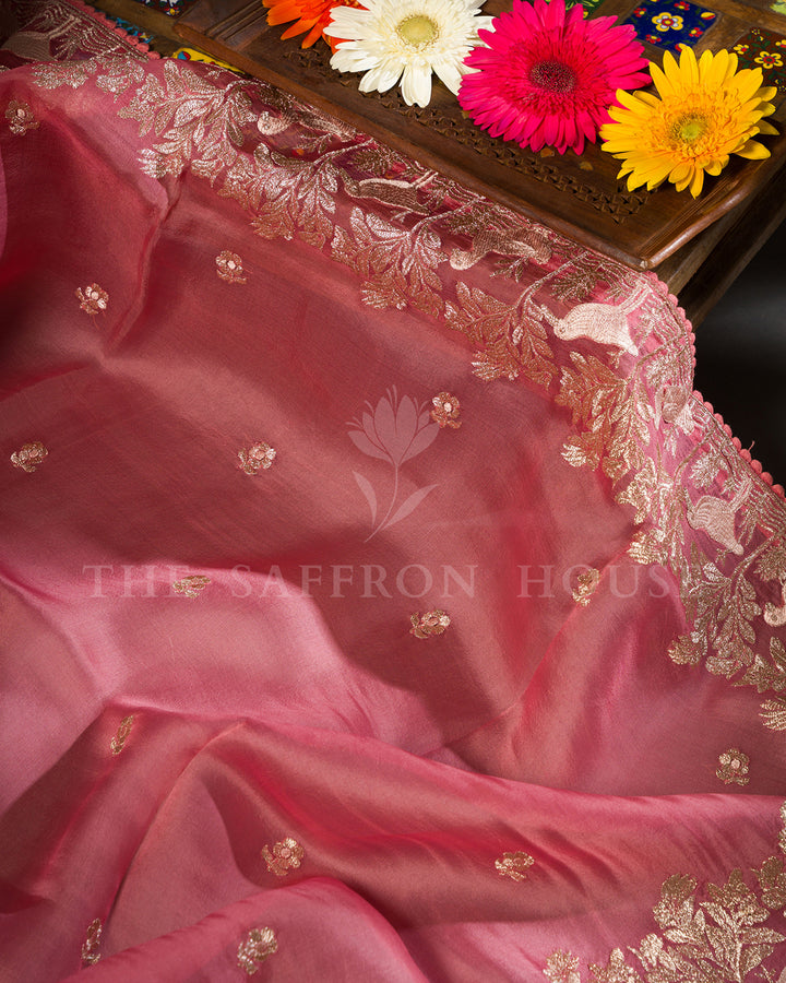 Coral Pink Tussar Silk Saree with Woodland Bird & Floral Zari Border