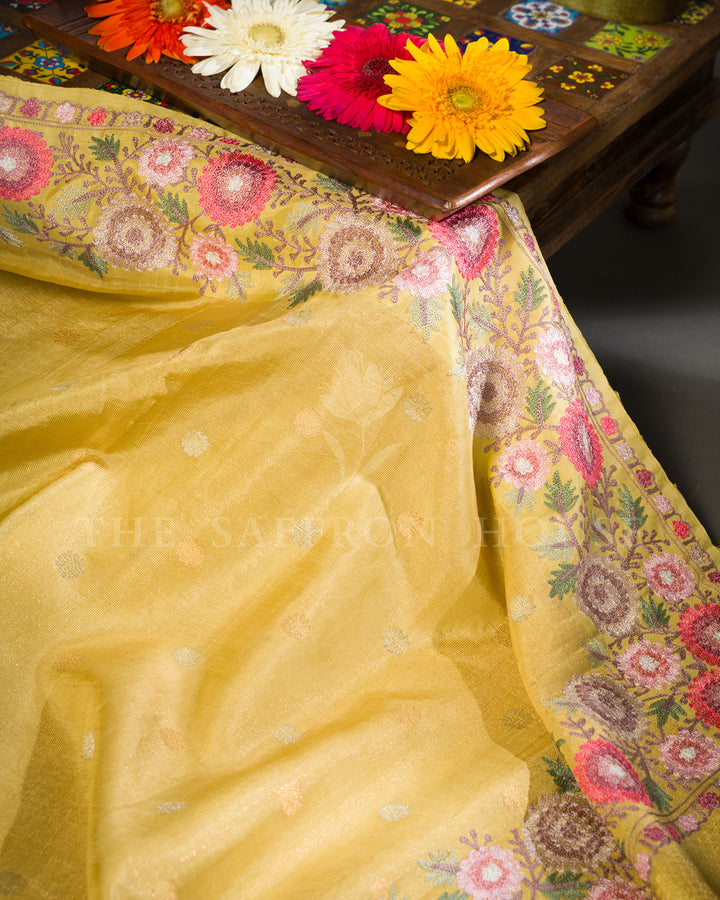Mustard Yellow Tussar Silk Saree with Floral Embroidered Border