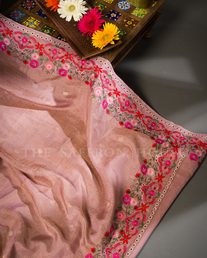 Dusty Pink Tussar Silk Saree with Floral Embroidered Border & Zari Butis