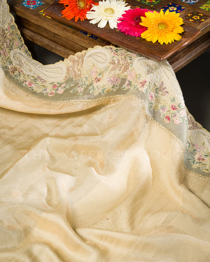 Beige Tussar Silk Saree with Sequin Paisley & Floral Embroidered Border