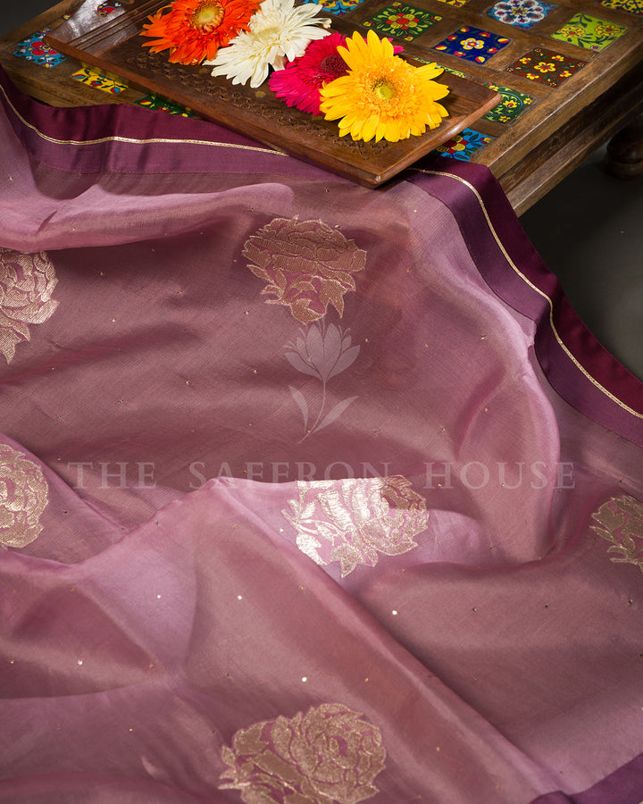 Mauve Organza Saree with Gold Rose Motifs & Contrast Wine Blouse