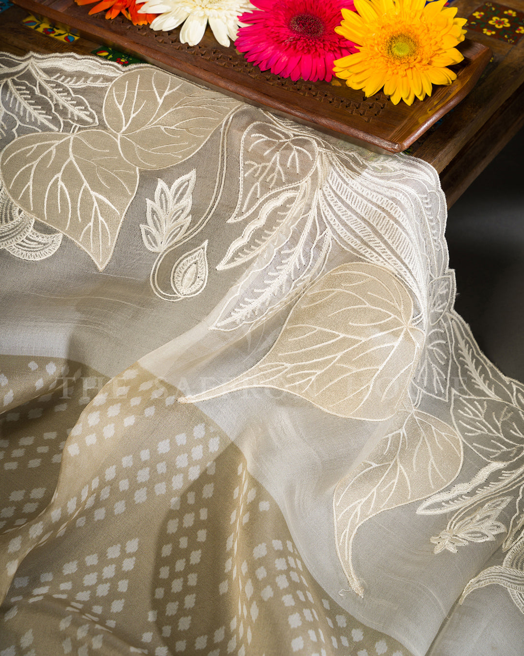 Ivory Tussar Silk Saree with Tone-on-Tone Leaf Embroidered Border