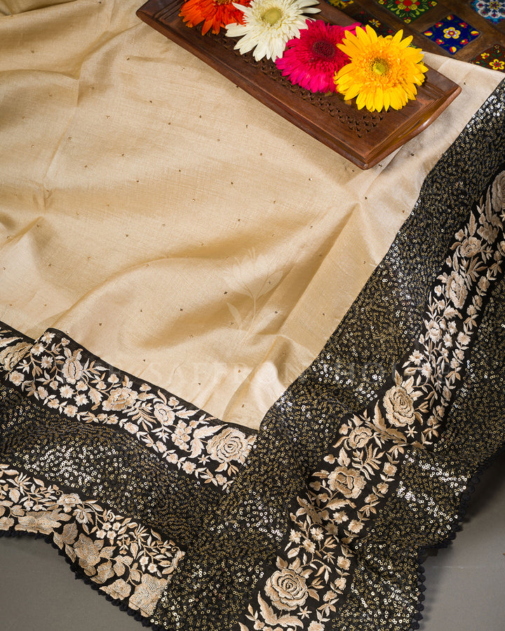 Beige Tussar Silk Saree with Black Sequin Floral Border & Fully Sequined Blouse