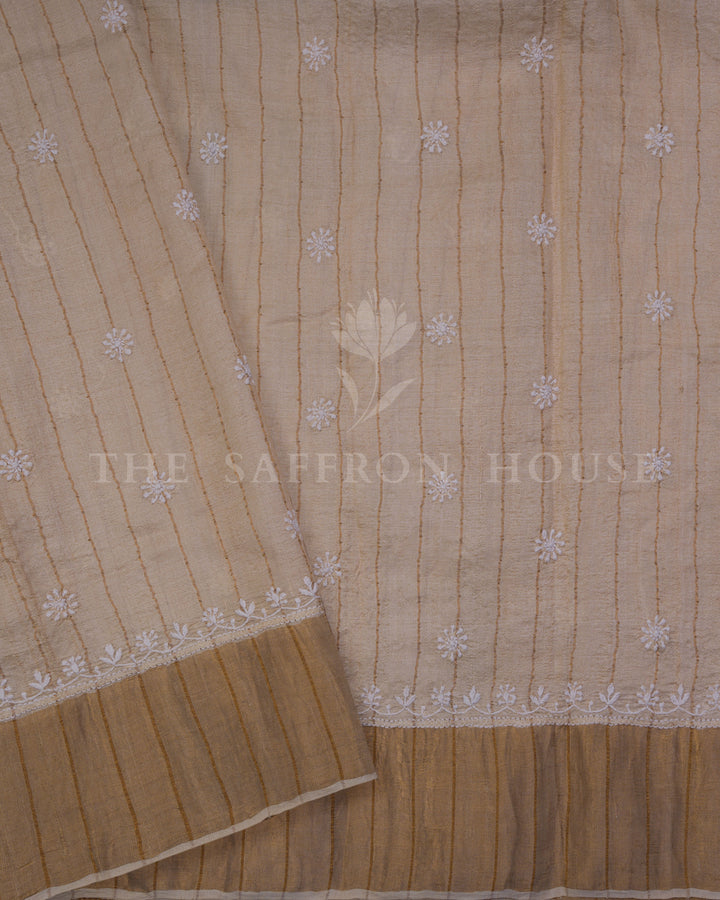 Beige Tussar Silk Chikankari Saree with Hand-Embroidered Paisley Motifs