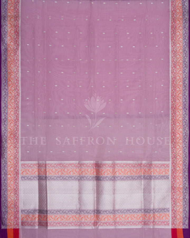 Kora Banaras Saree in Lilac with Multicolor Zari Floral Border & Meena Pallu - TSH250511