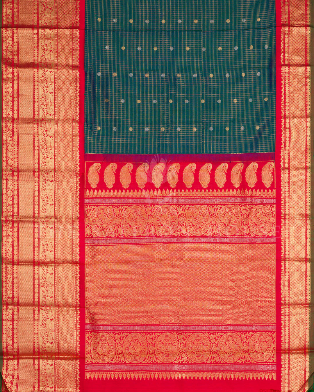 Bottle Green & Vermillion Red Pure Gadwal Silk Saree with Annam & Chakra Zari Motifs - TSH250290
