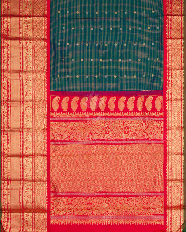Bottle Green & Vermillion Red Pure Gadwal Silk Saree with Annam & Chakra Zari Motifs - TSH250290