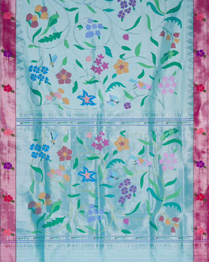 Sky Blue Pure Handloom Paithani Saree with Allover Floral & Hansa Motifs