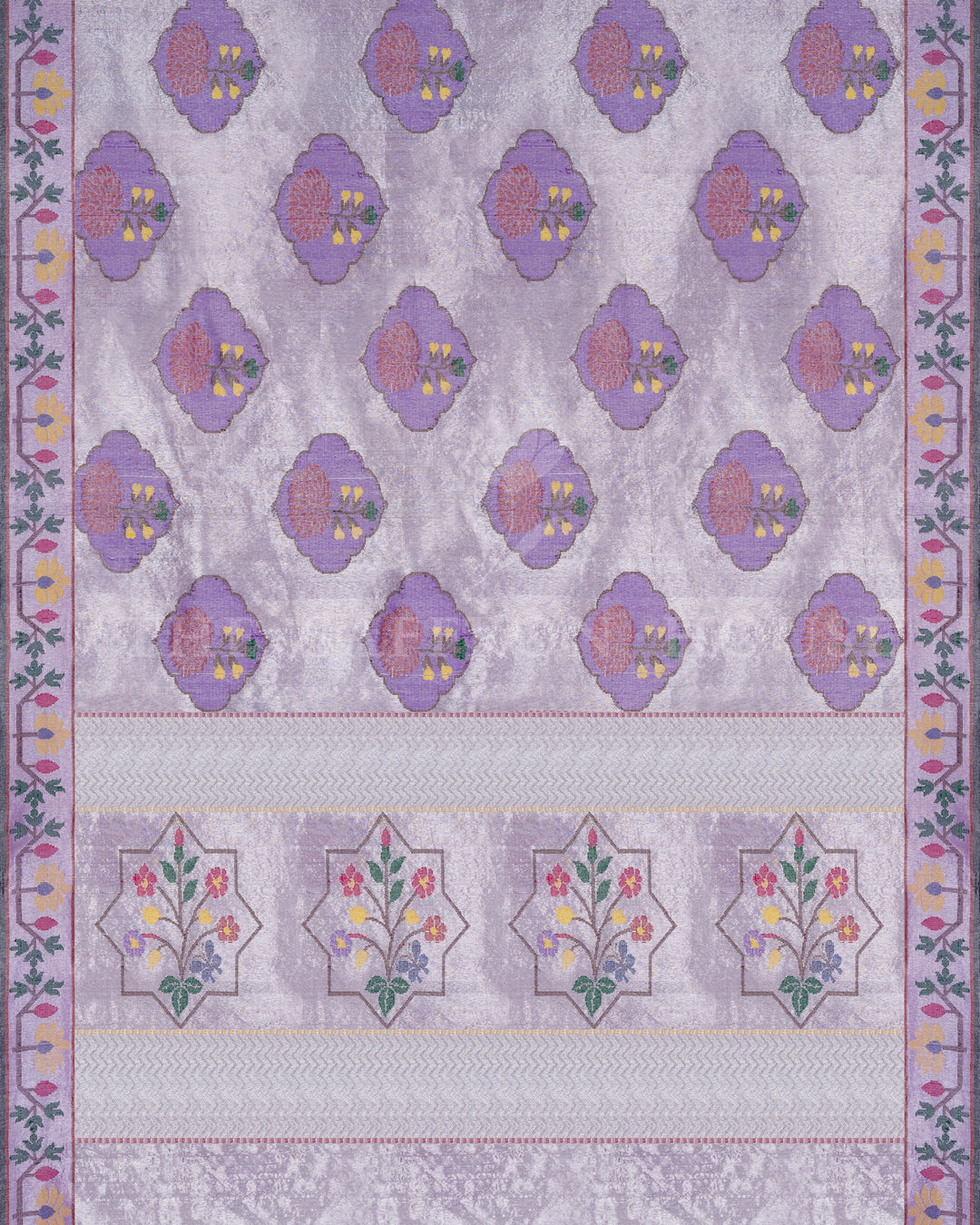 Pure Zari Kora Saree in Lilac with Resham Woven Floral Medallions