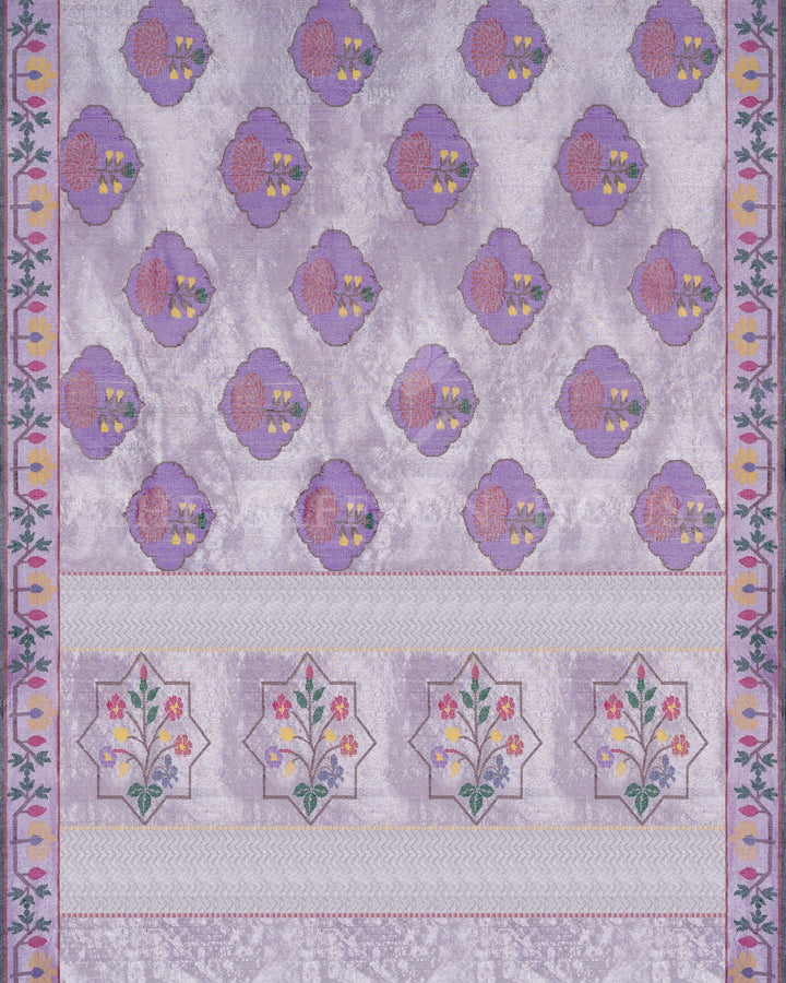 Pure Zari Kora Saree in Lilac with Resham Woven Floral Medallions