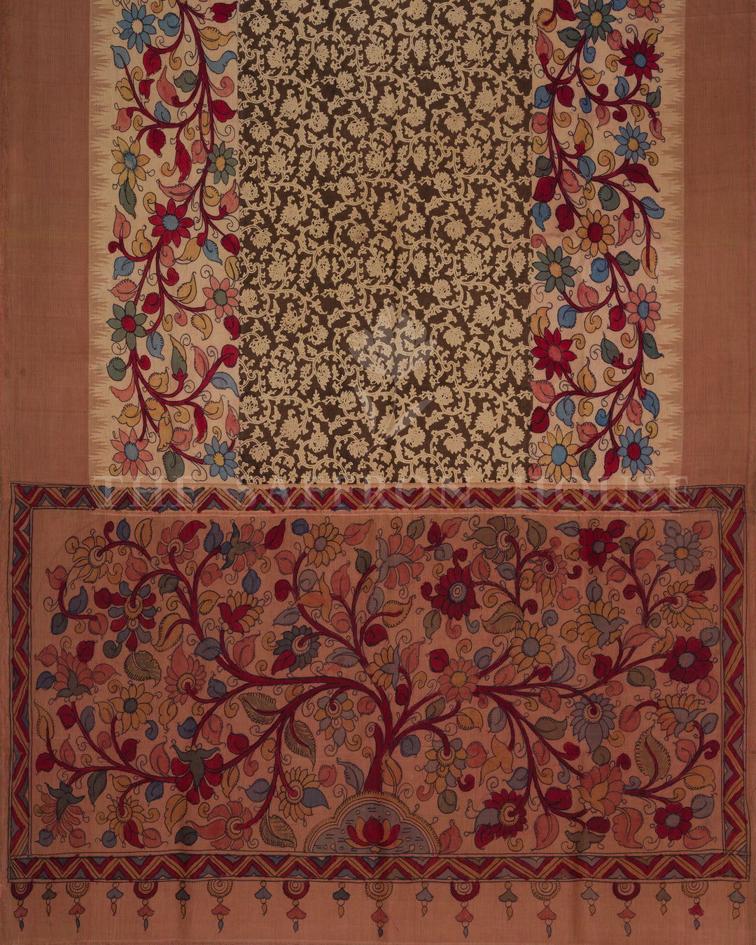 Pen Kalamkari on Kanchi Handwoven Saree with Temple Borders