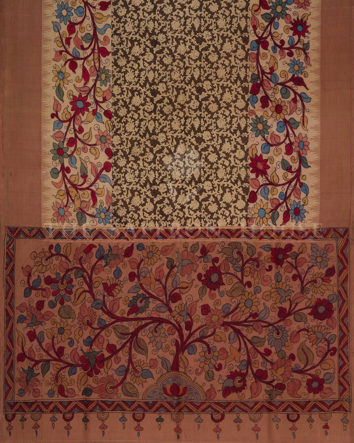 Pen Kalamkari on Kanchi Handwoven Saree with Temple Borders