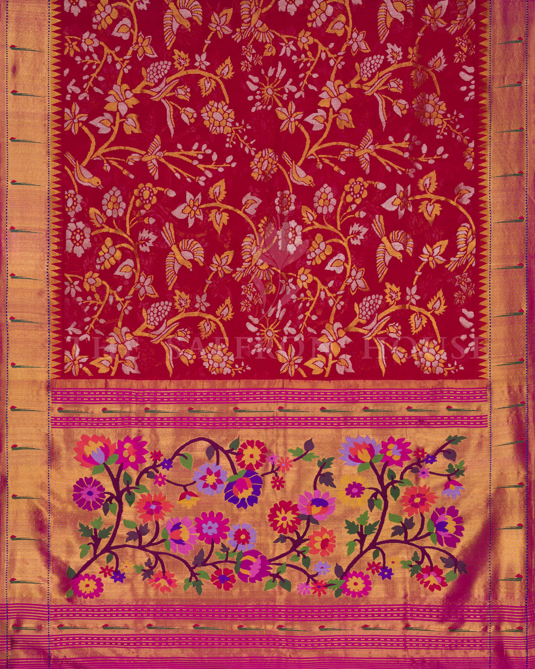 Crimson Uppada Jamdani Saree with Paithani Muniya Border and Floral Vine Pallu