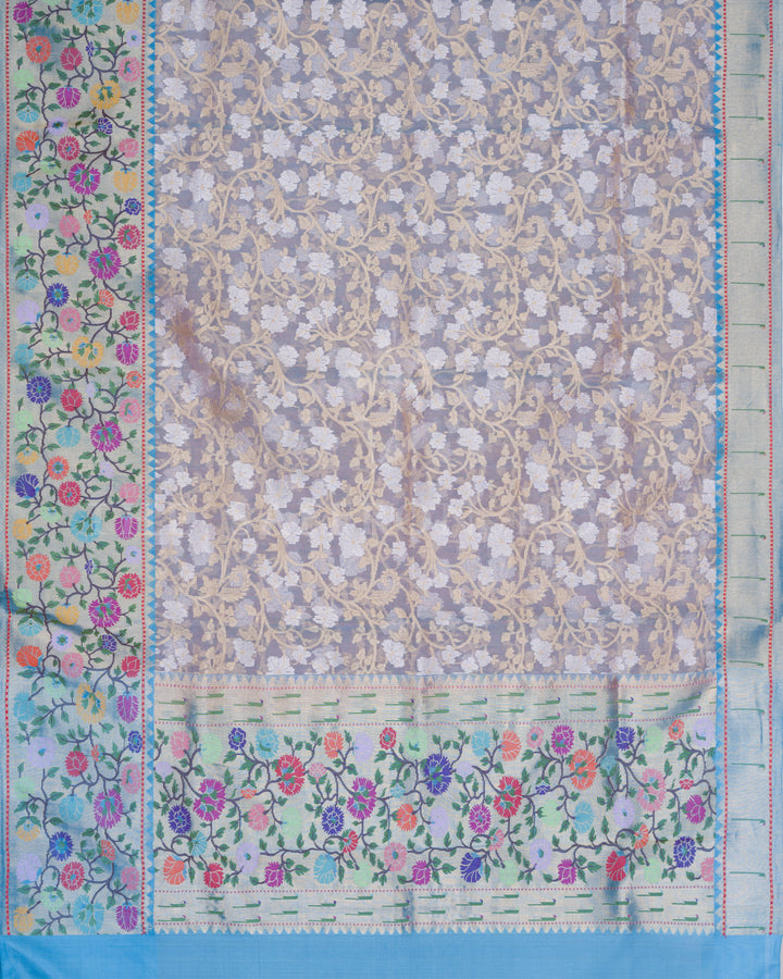 Steel Blue Kora Banarasi Saree with Meenakari Floral Jaal & Paithani-Inspired Border – Handwoven Elegance