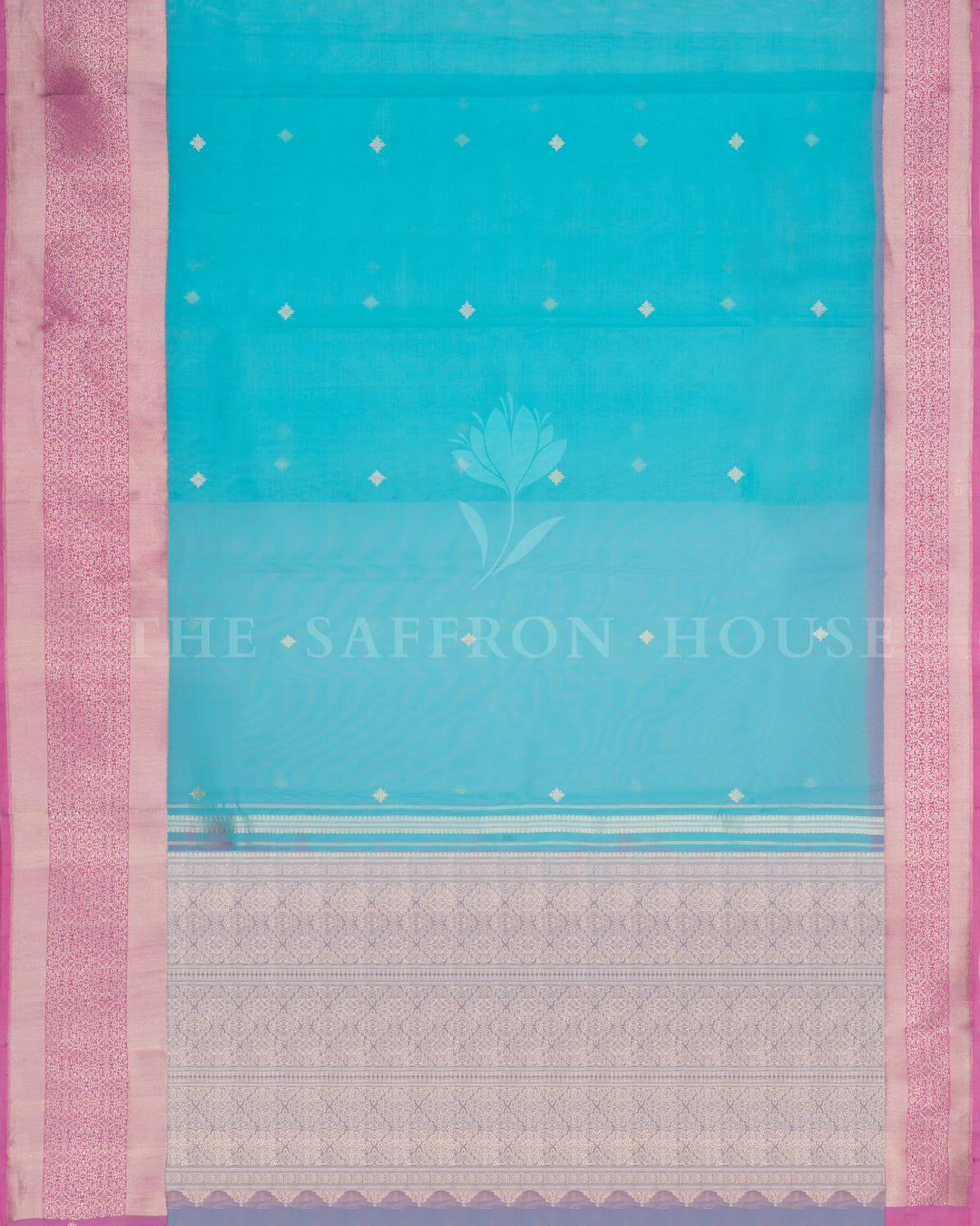 Turquoise Blue Kora Banarasi Saree with Silver Buttas & Mauve Floral Brocade Border – Handwoven Elegance