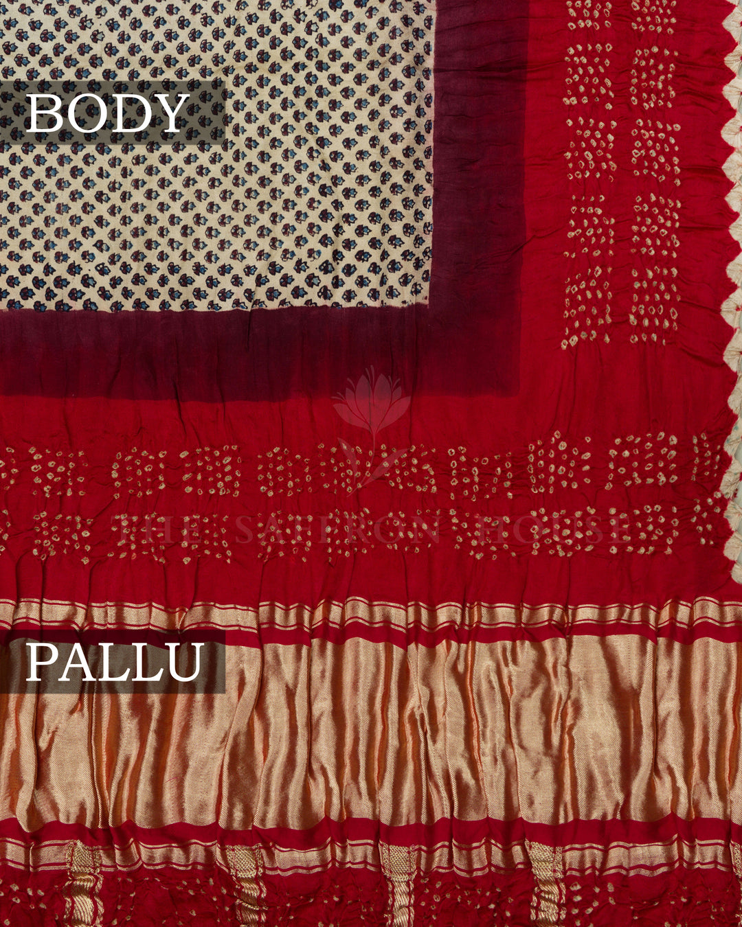 Light Beige And Maroonish Red Bandhini Modal Silk Saree - TSH5029