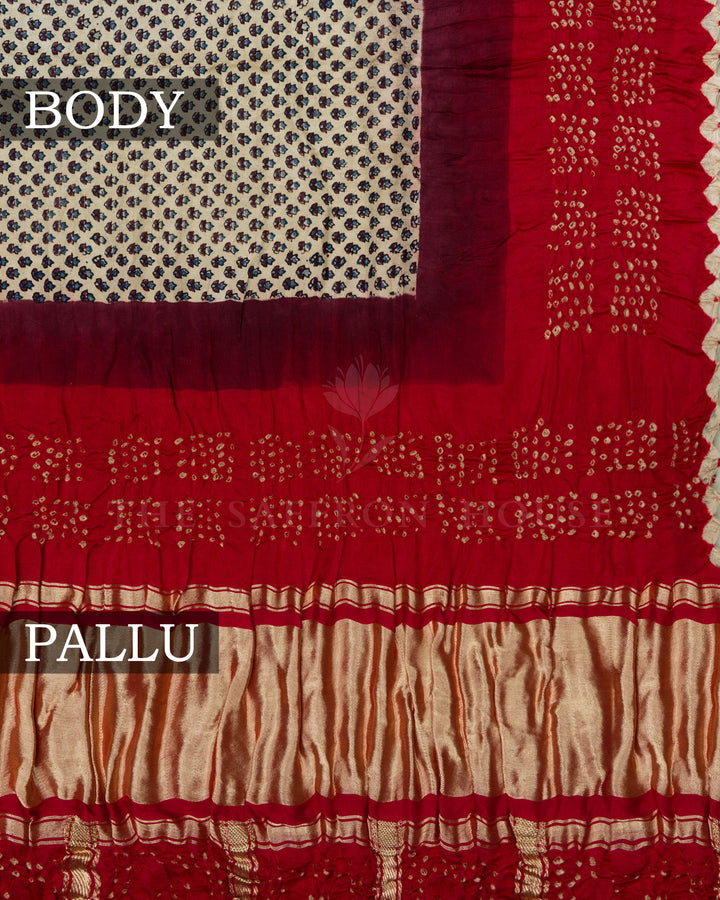 Light Beige And Maroonish Red Bandhini Modal Silk Saree - TSH5029