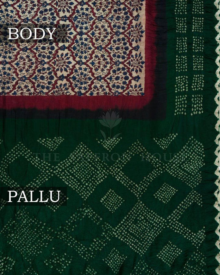 Light Beige And Bottle Green Bandhini Modal Silk Saree - TSH5034
