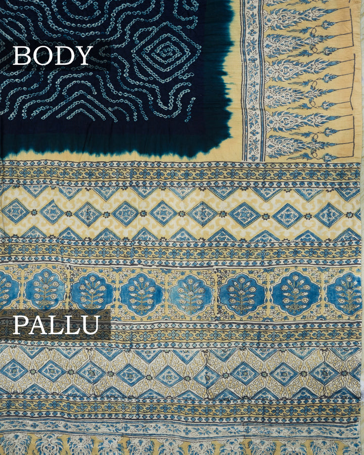Navy Blue And Light Golden Yellow Bandhini Modal Silk Saree - TSH5070