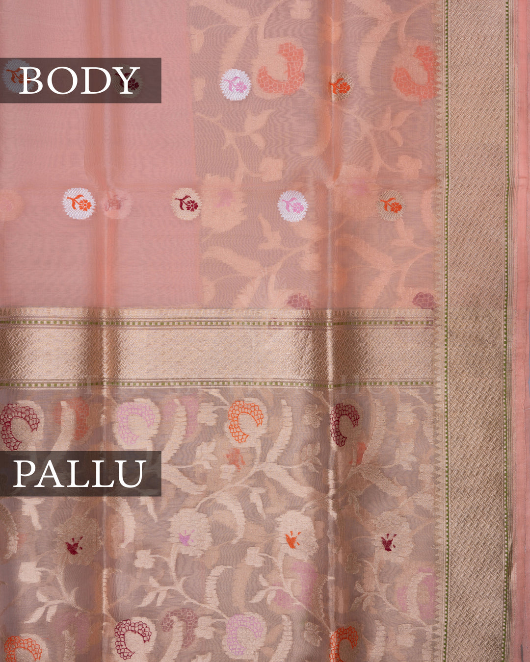Peach And Gold Handwoven Organza Banarasi Saree - TSH2506168