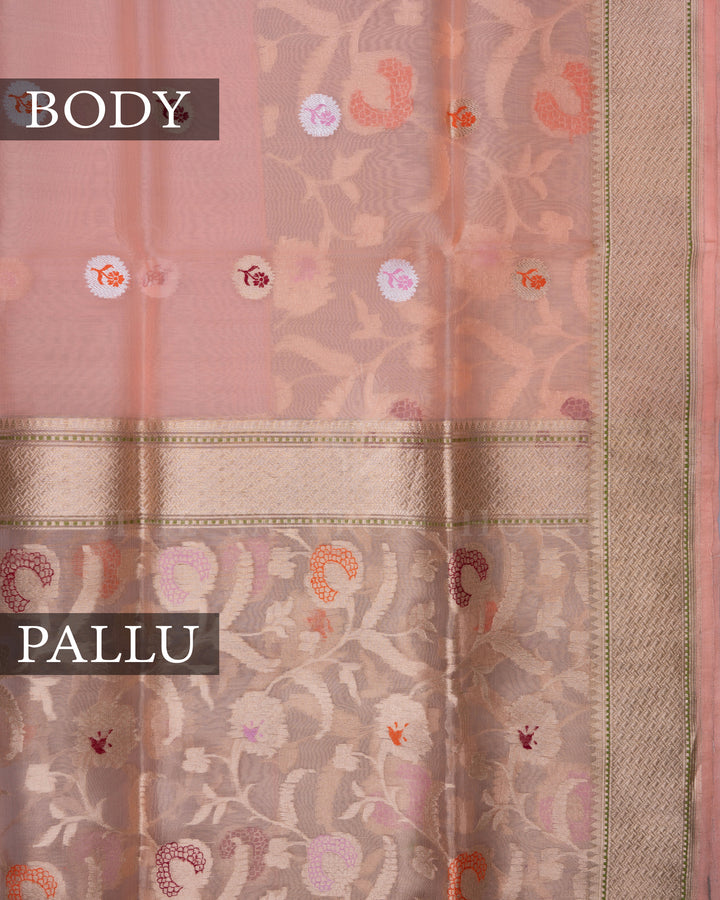 Peach And Gold Handwoven Organza Banarasi Saree - TSH2506168